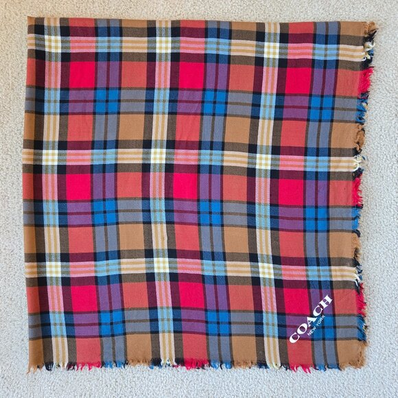 Coach 100% Wool Colorful Plaid Square Scarf